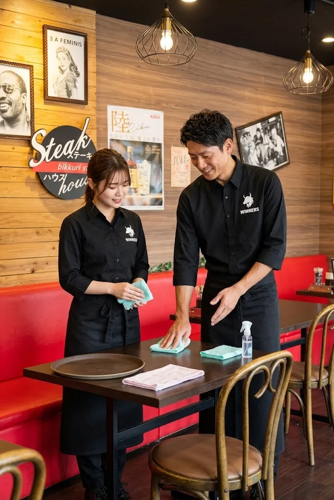 店内でスタッフに業務を教える様子