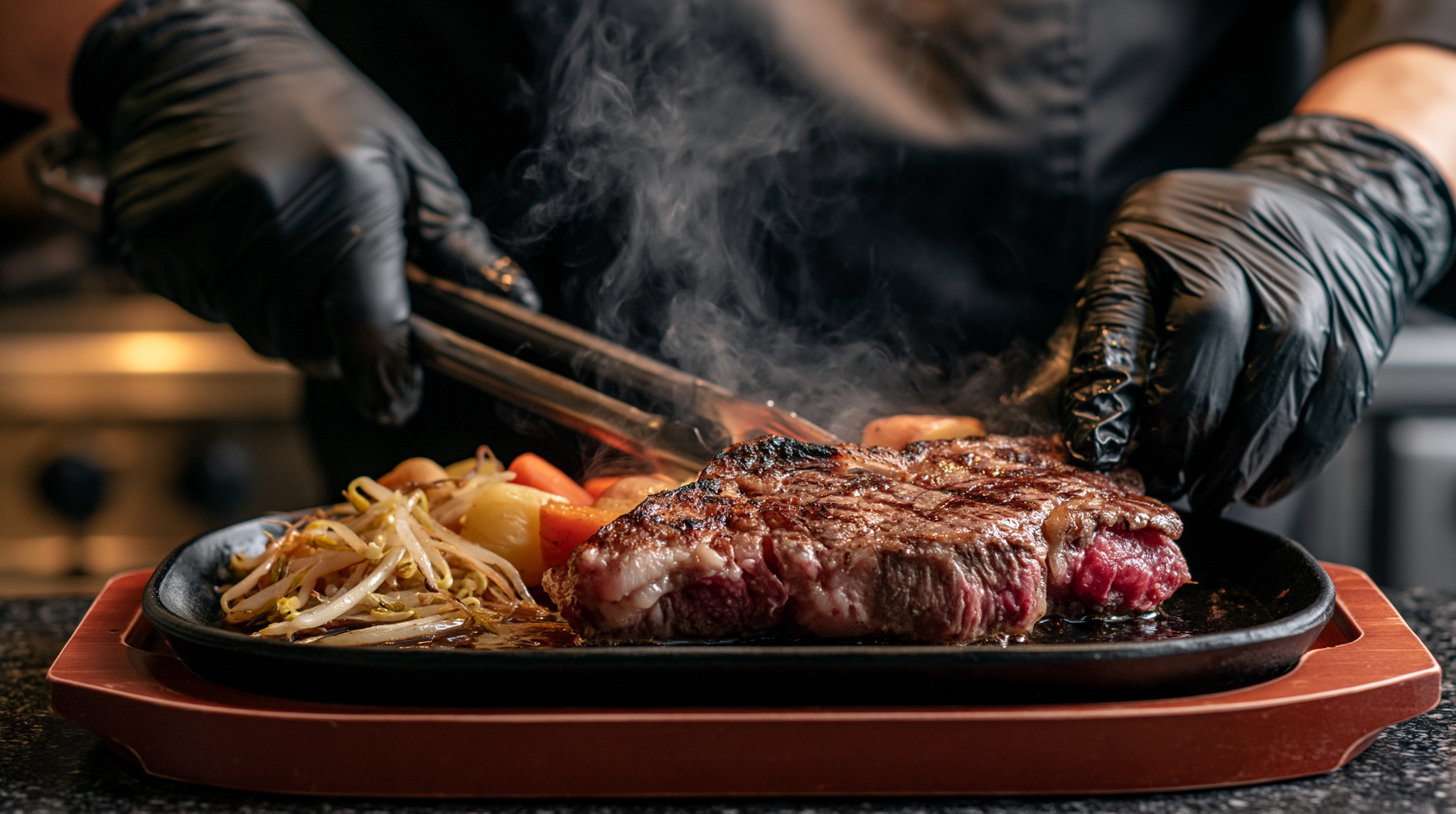 鉄板の上で焼き上げるWINNERsのステーキ